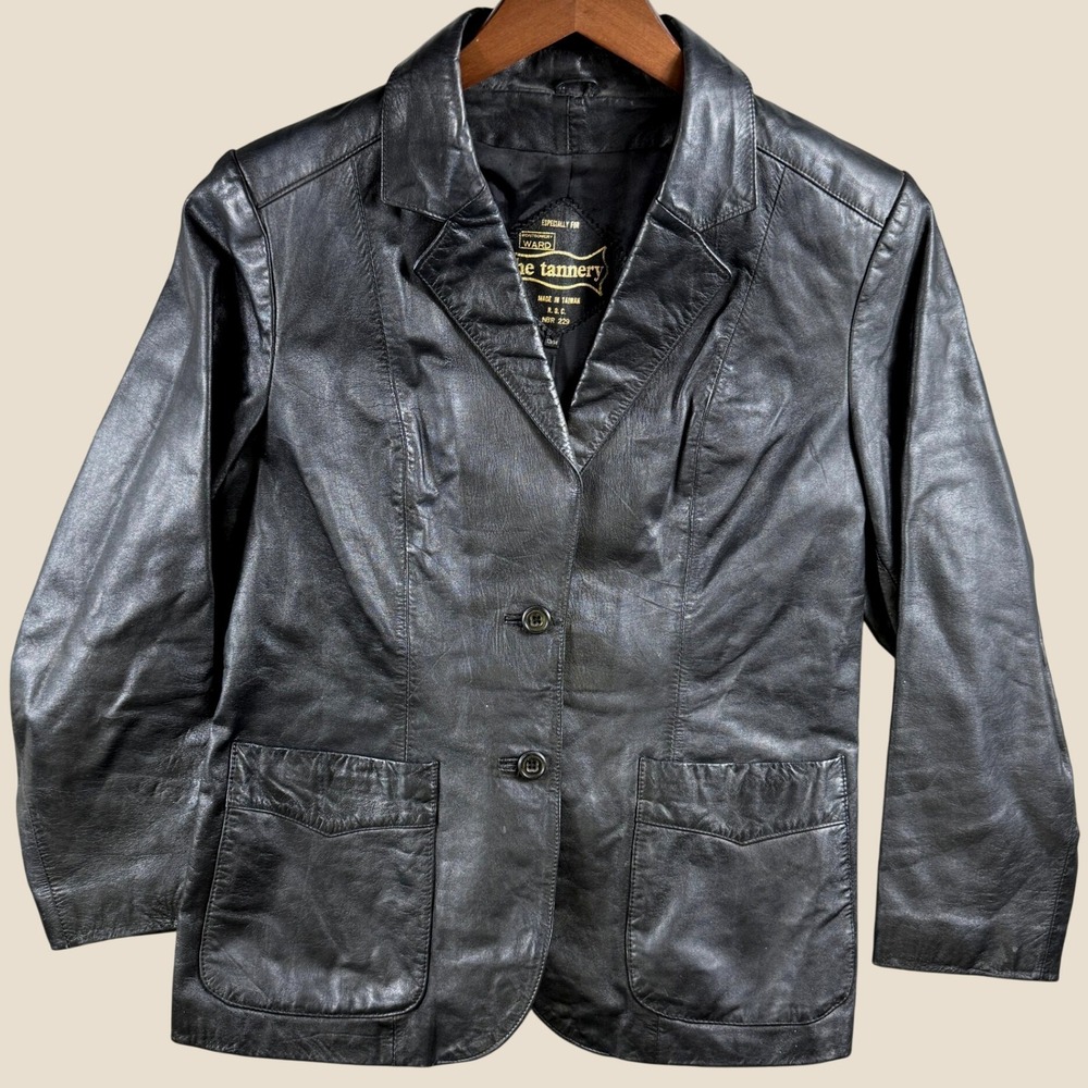 Vintage Montgomery Ward Jacket Women Medium 13/14 Leather Blazer 70s Tailored‎